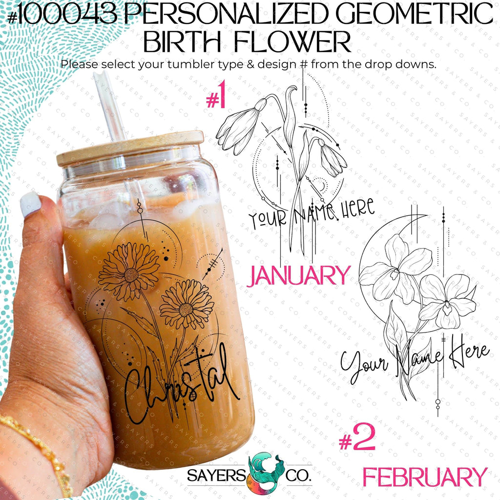 Personalized Birth Flower Glass Can with Bamboo Lid & Straw #100043 | Sayers & Co.