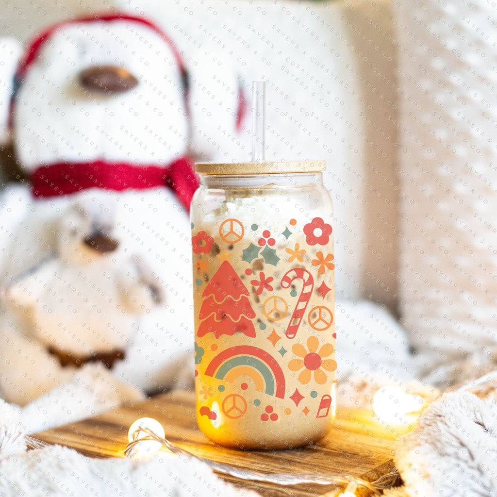 Copy of 16oz Christmas Checkers Iced Coffee Glass Can, Holiday Tumbler, Christmas Tumbler, Gift For Her, Christmas Mug with Bamboo Lid & Straw #100069 | Sayers & Co.