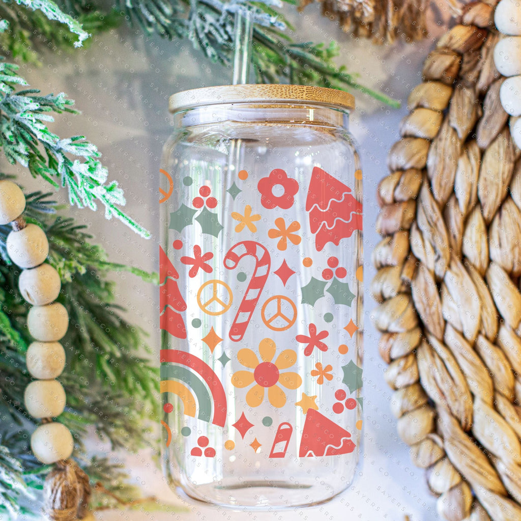 Copy of 16oz Christmas Checkers Iced Coffee Glass Can, Holiday Tumbler, Christmas Tumbler, Gift For Her, Christmas Mug with Bamboo Lid & Straw #100069 | Sayers & Co.