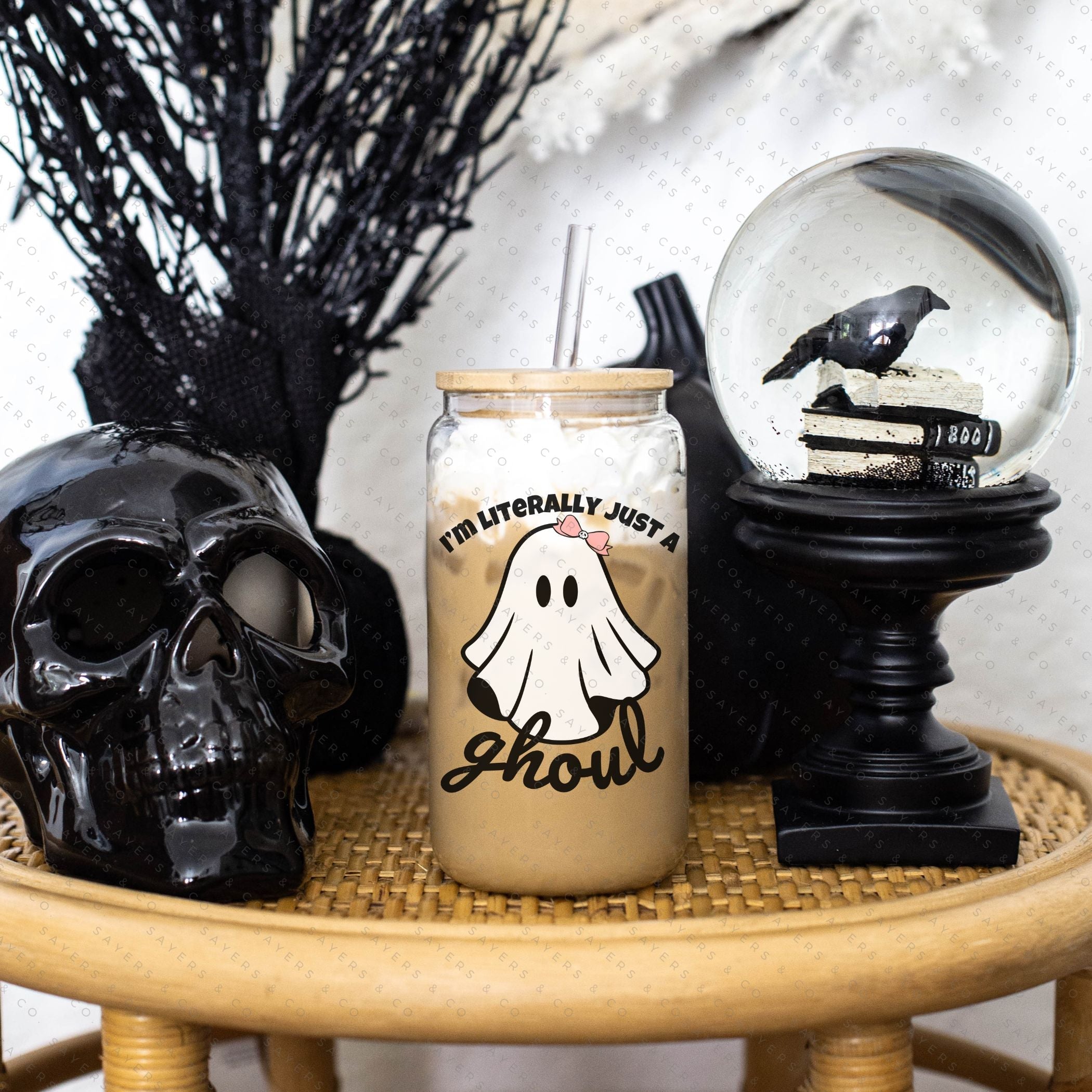 16oz I'm Literally Just A Ghoul Glass Cup with Bamboo Lid & Straw #100347 Sayers & Co