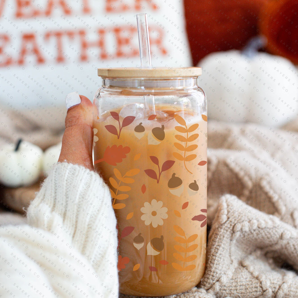 16oz Pumpkin Spiced Fall Iced Coffee Glass Can, Fall Tumbler, Gift For Her, Fall Mug with Bamboo Lid & Straw #100063 | Sayers & Co.