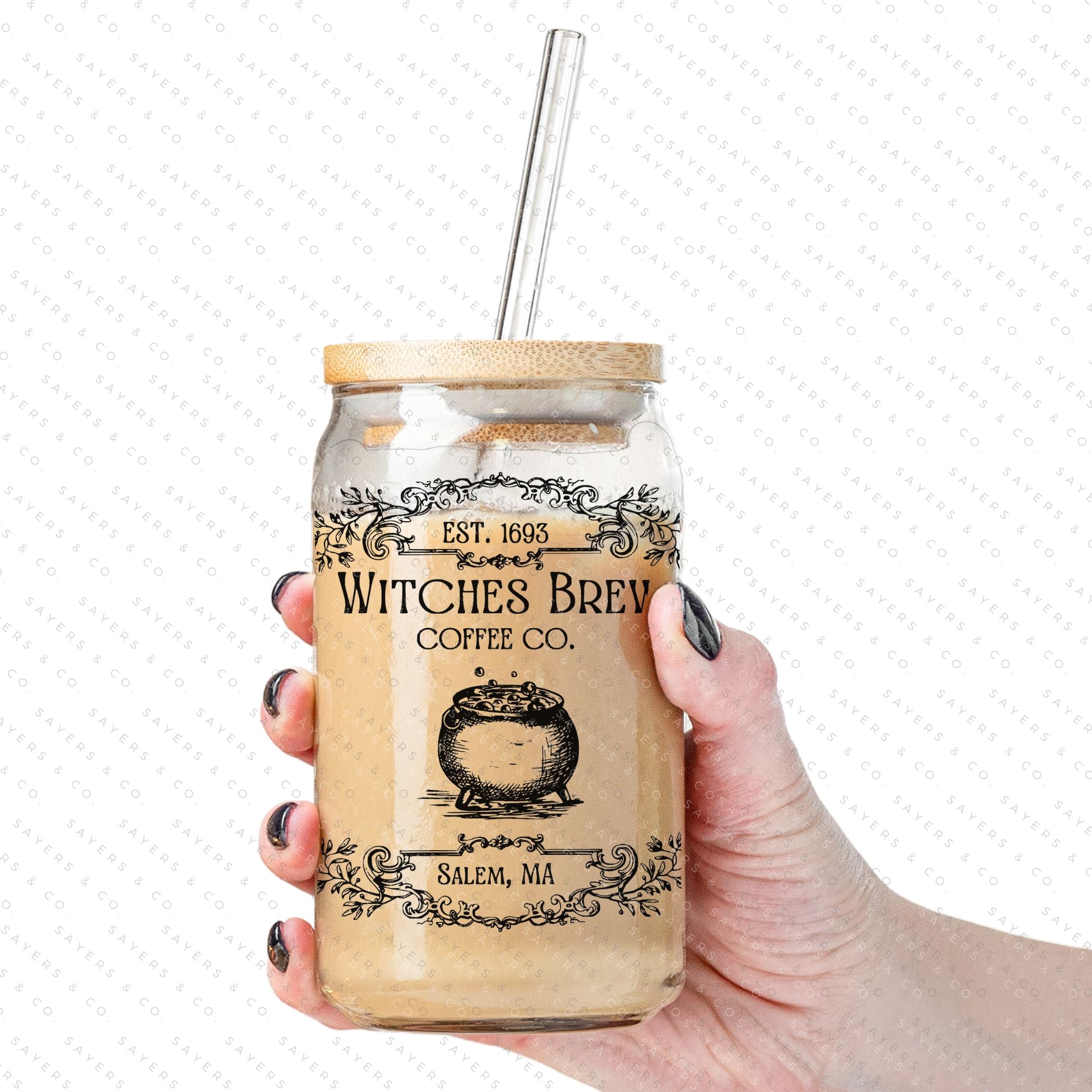 #100048 16oz Witches Brew Coffee Co Iced Coffee Glass Can, Fall Tumbler, Gift For Her, Halloween Mug, Potion Iced Coffee Can with Bamboo Lid & Straw | Sayers & Co.
