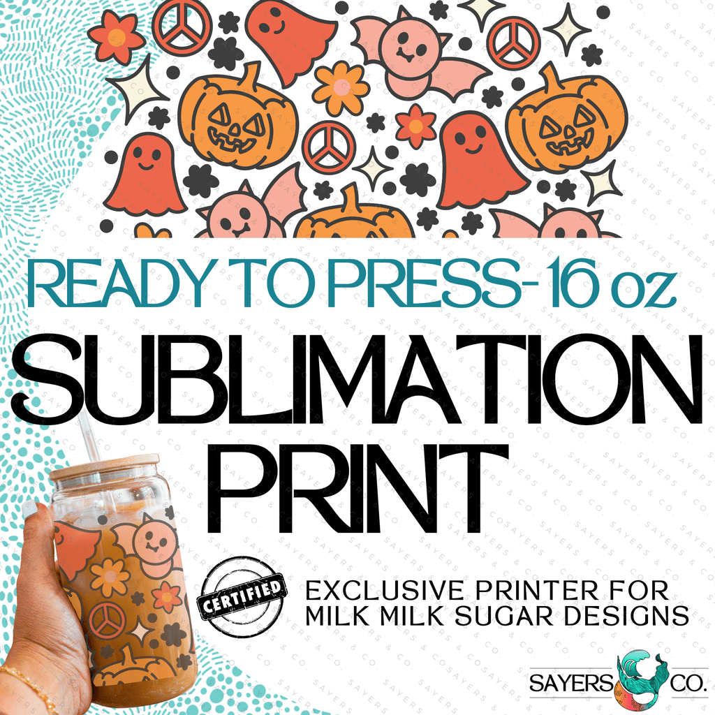 PRINTED Sublimation Transfer: Milk Milk Sugar Certified Printer- Groovy bats, ghosts, peace retro 16oz Halloween Sublimation Print | Sayers & Co.