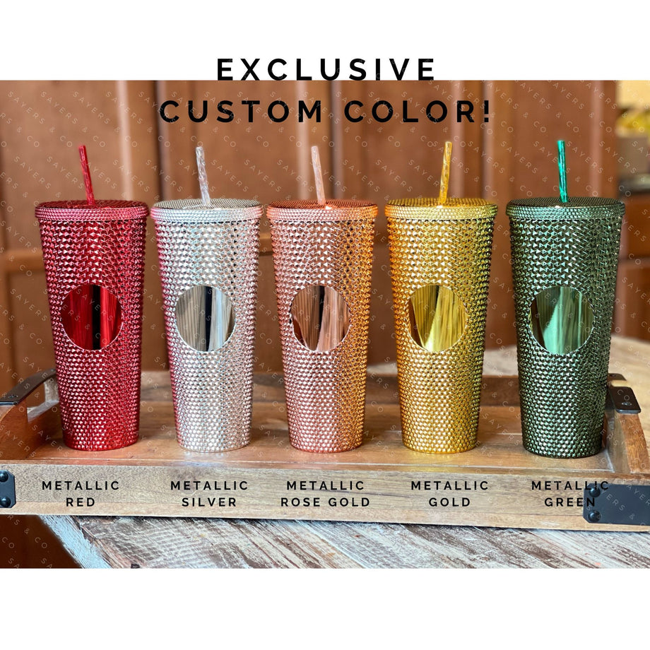 Studded Matte Cup Tumbler, With Lid And Straw, Bling Plastic Cup