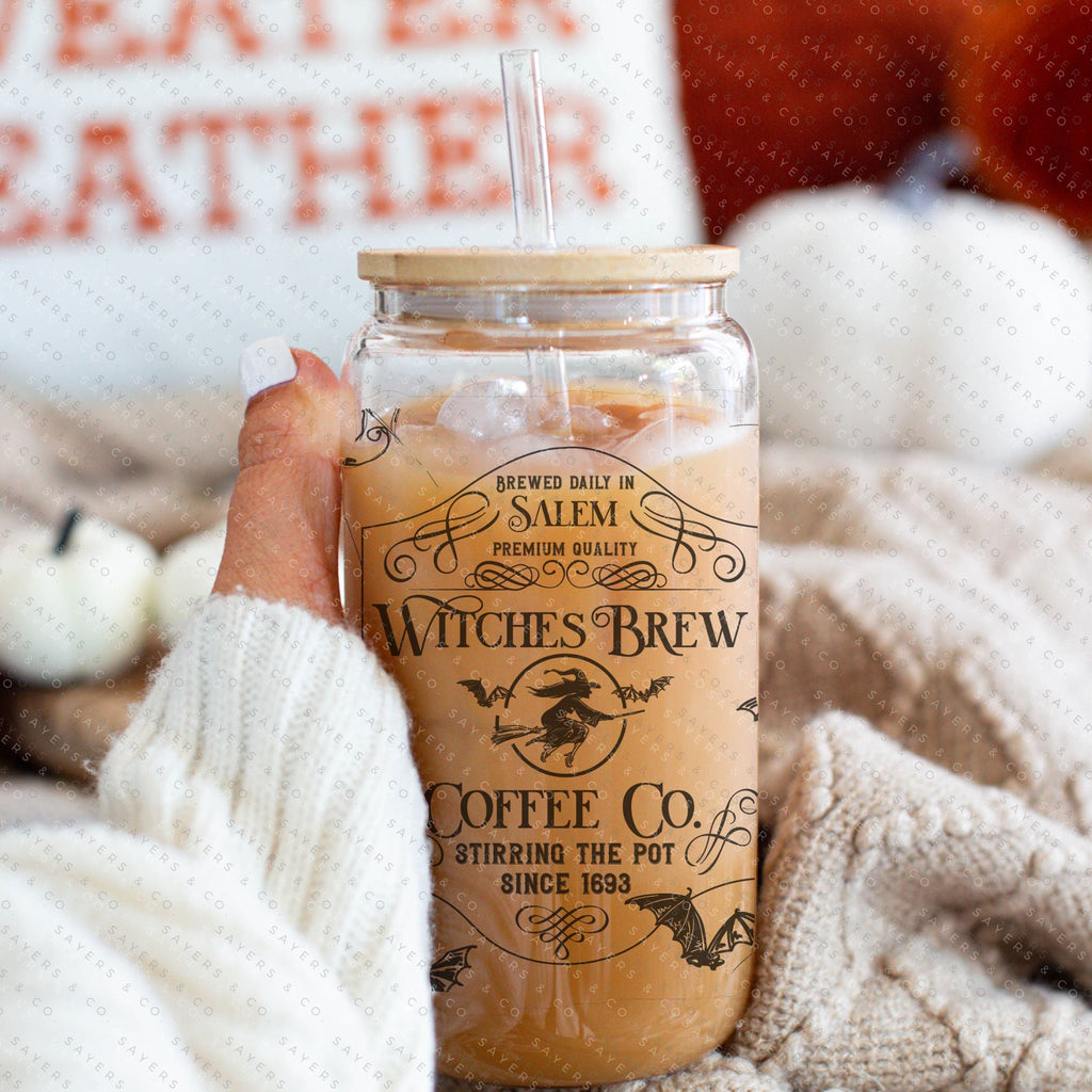 16oz Witches Brew Coffee Co Iced Coffee Glass Can, Fall Tumbler, Gift For Her, Halloween Mug, Potion Iced Coffee Can with Bamboo Lid & Straw | Sayers & Co.