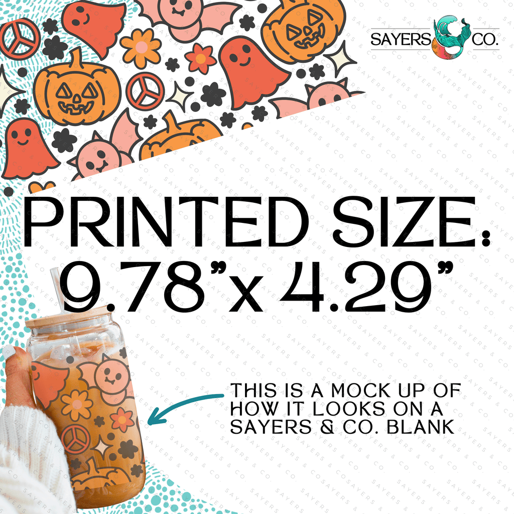 PRINTED Sublimation Transfer: Milk Milk Sugar Certified Printer- Groovy bats, ghosts, peace retro 16oz Halloween Sublimation Print | Sayers & Co.