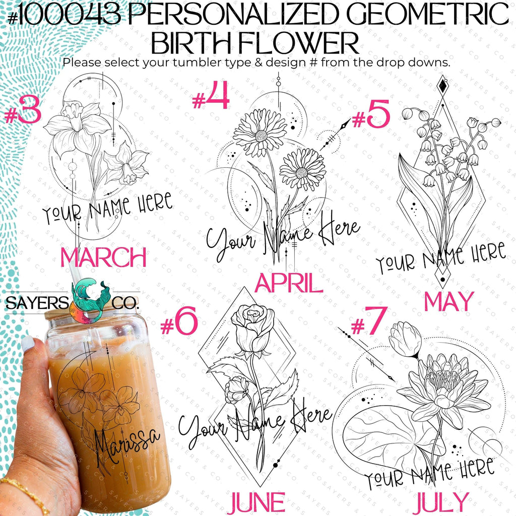 Personalized Birth Flower Glass Can with Bamboo Lid & Straw #100043 | Sayers & Co.