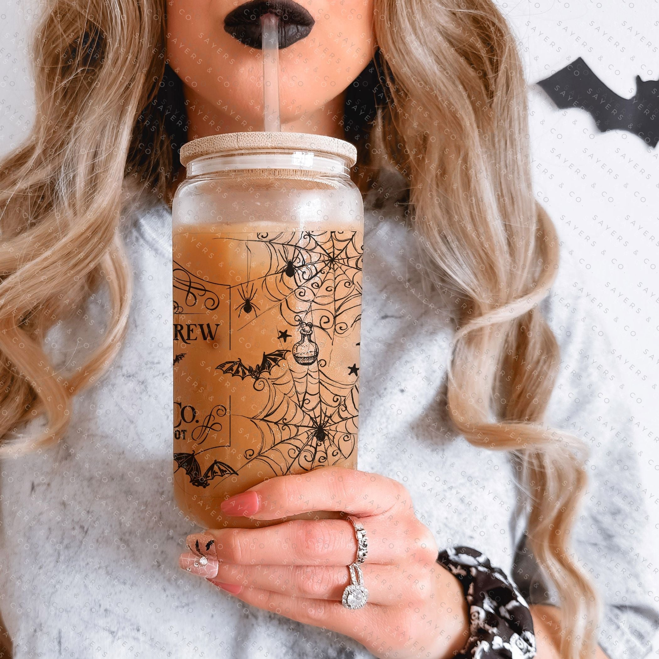 16oz Witches Brew Coffee Co Iced Coffee Glass Can, Fall Tumbler, Gift For Her, Halloween Mug, Potion Iced Coffee Can with Bamboo Lid & Straw | Sayers & Co.