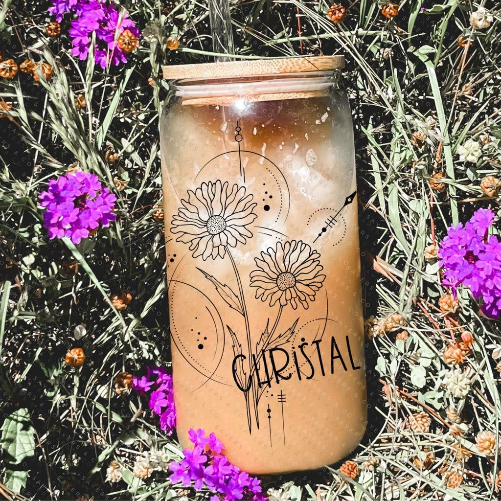 Personalized Birth Flower Glass Can with Bamboo Lid & Straw #100043 | Sayers & Co.
