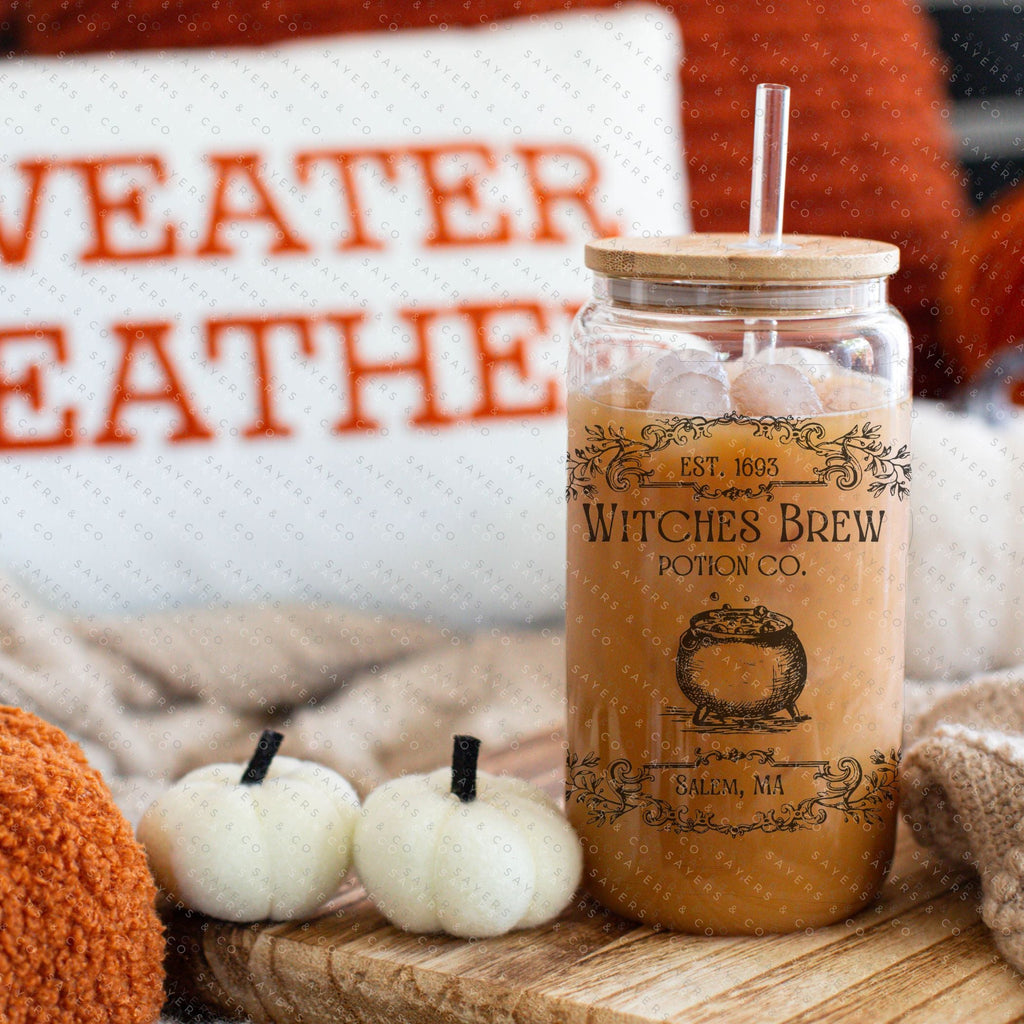 #100048 16oz Witches Brew Coffee Co Iced Coffee Glass Can, Fall Tumbler, Gift For Her, Halloween Mug, Potion Iced Coffee Can with Bamboo Lid & Straw | Sayers & Co.