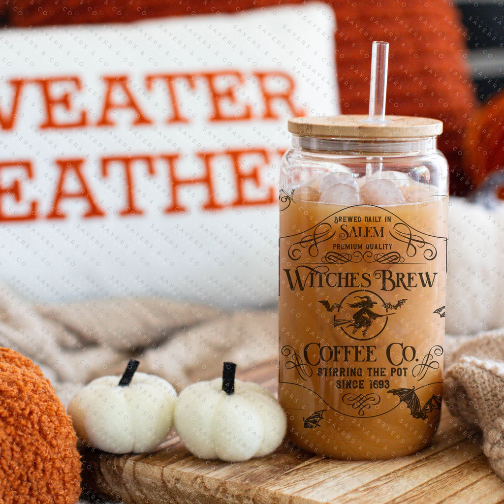 16oz Witches Brew Coffee Co Iced Coffee Glass Can, Fall Tumbler, Gift For Her, Halloween Mug, Potion Iced Coffee Can with Bamboo Lid & Straw | Sayers & Co.