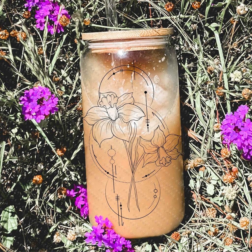 Birth Flower Glass Can with Bamboo Lid & Straw #100042 | Sayers & Co.