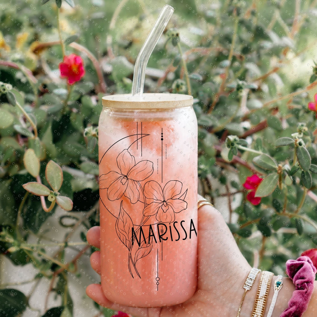 Personalized Birth Flower Glass Can with Bamboo Lid & Straw #100043 | Sayers & Co.