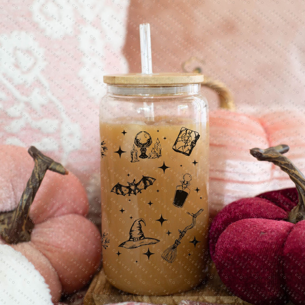 #100048 16oz Witches Brew Coffee Co Iced Coffee Glass Can, Fall Tumbler, Gift For Her, Halloween Mug, Potion Iced Coffee Can with Bamboo Lid & Straw | Sayers & Co.