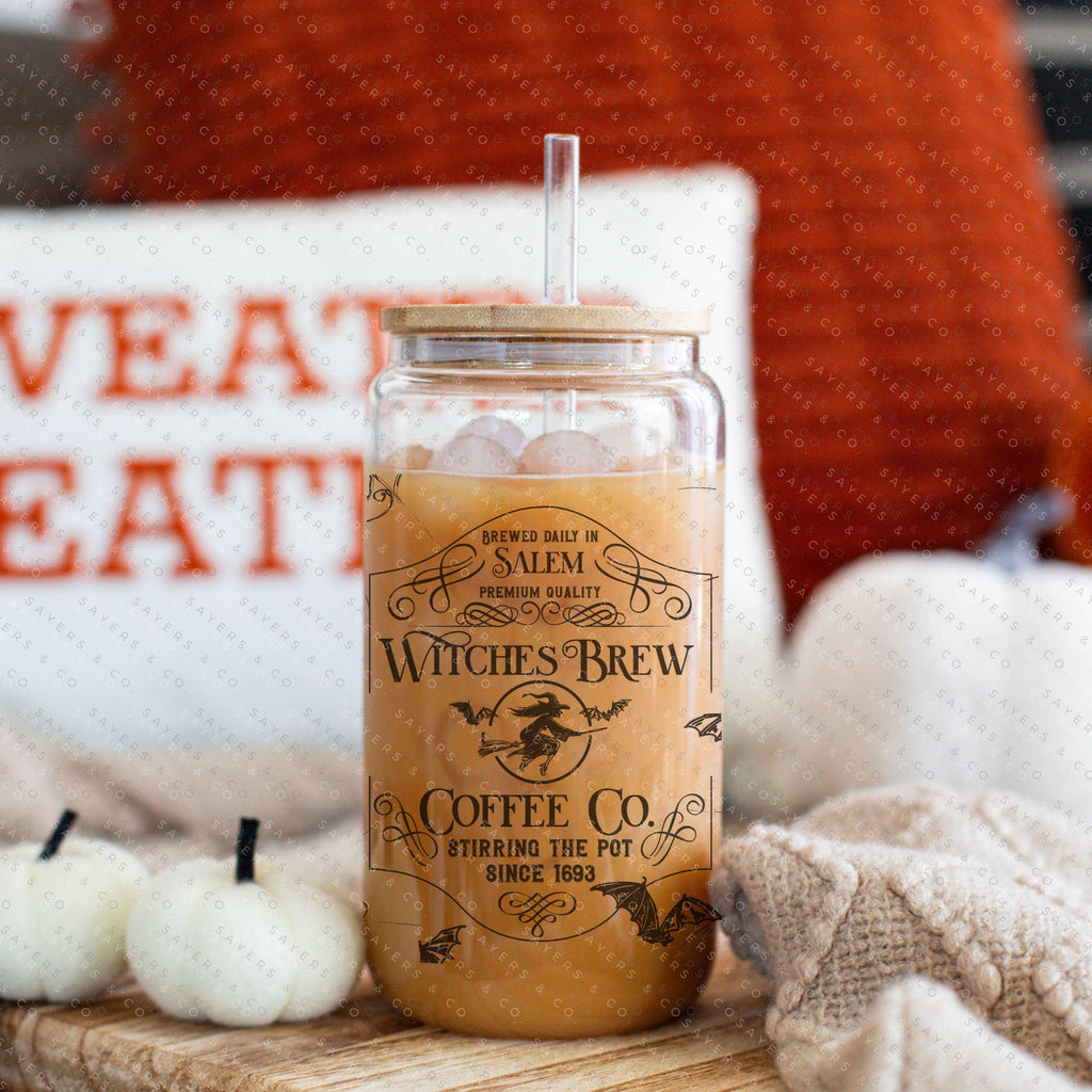 16oz Witches Brew Coffee Co Iced Coffee Glass Can, Fall Tumbler, Gift For Her, Halloween Mug, Potion Iced Coffee Can with Bamboo Lid & Straw | Sayers & Co.