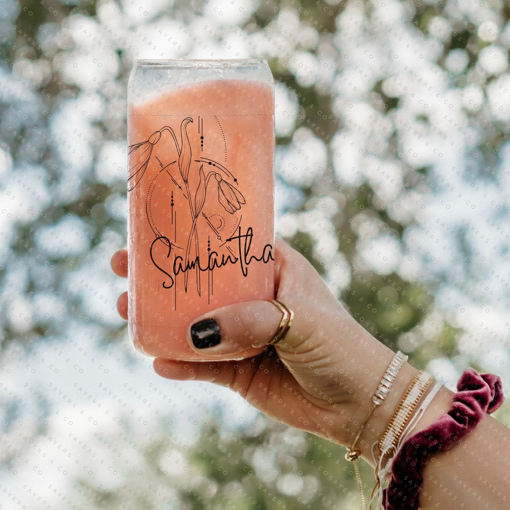 Personalized Birth Flower Glass Can with Bamboo Lid & Straw #100043 | Sayers & Co.