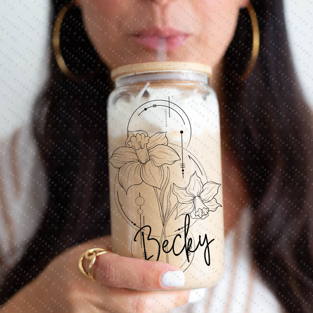 Personalized Birth Flower Glass Can with Bamboo Lid & Straw #100043 | Sayers & Co.