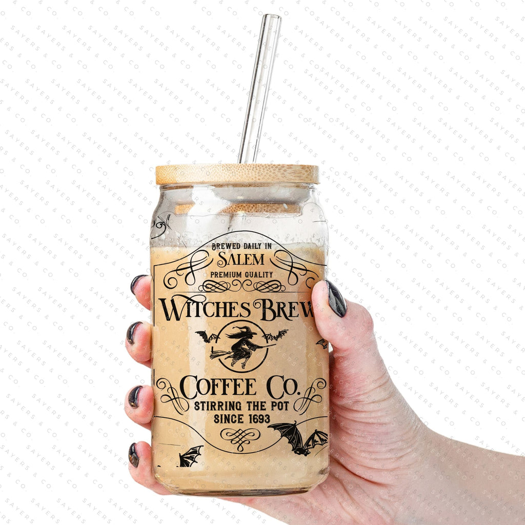 16oz Witches Brew Coffee Co Iced Coffee Glass Can, Fall Tumbler, Gift For Her, Halloween Mug, Potion Iced Coffee Can with Bamboo Lid & Straw | Sayers & Co.