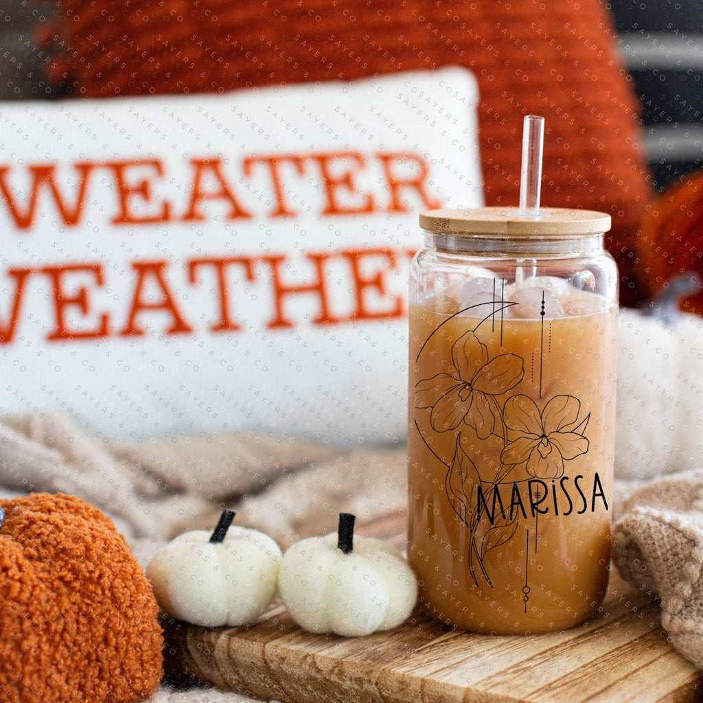 Personalized Birth Flower Glass Can with Bamboo Lid & Straw #100043 | Sayers & Co.
