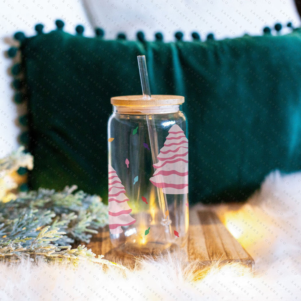 16oz Ceramic Christmas Trees Iced Coffee Glass Can, Holiday Tumbler, Christmas Tumbler, Gift For Her, Christmas Mug with Bamboo Lid & Straw #100068 | Sayers & Co.
