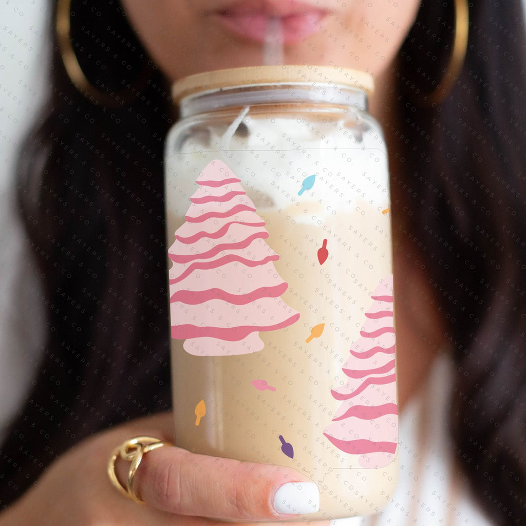 16oz Ceramic Christmas Trees Iced Coffee Glass Can, Holiday Tumbler, Christmas Tumbler, Gift For Her, Christmas Mug with Bamboo Lid & Straw #100068 | Sayers & Co.