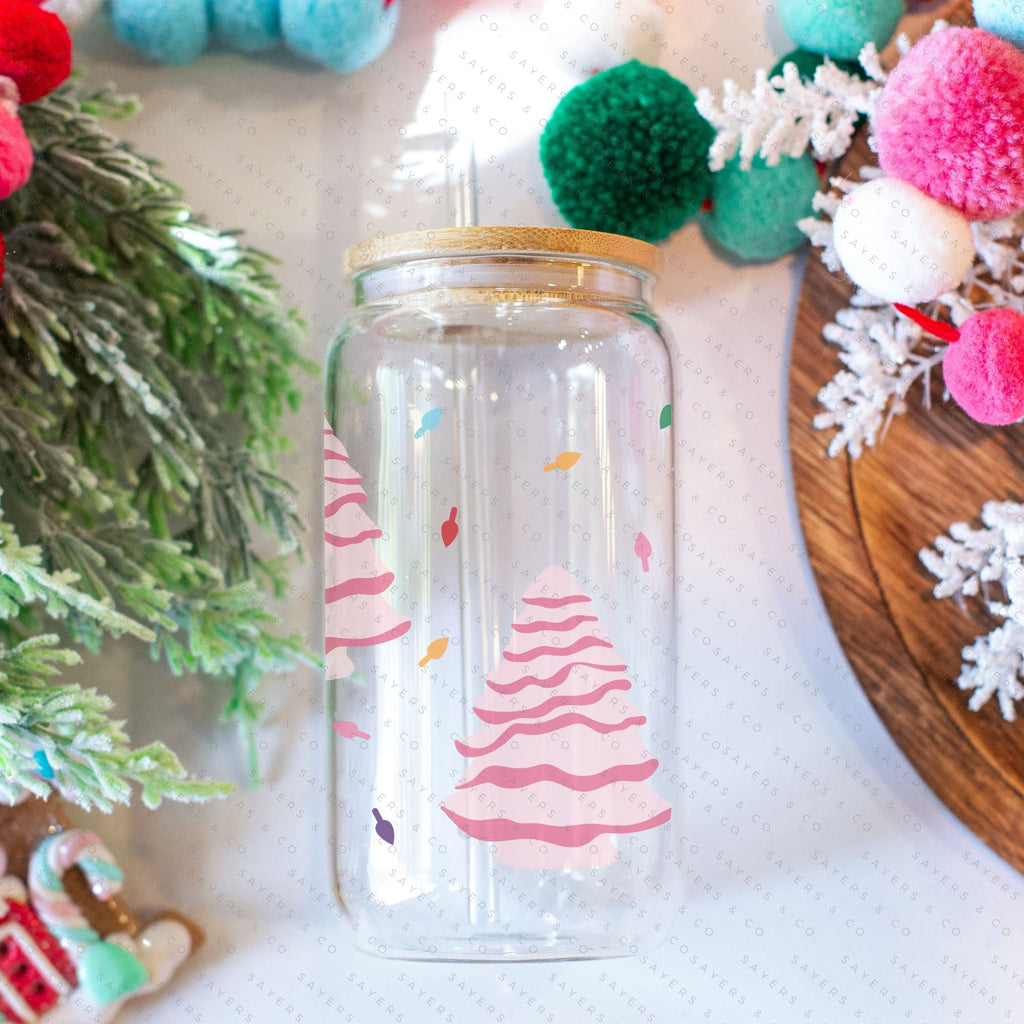 16oz Ceramic Christmas Trees Iced Coffee Glass Can, Holiday Tumbler, Christmas Tumbler, Gift For Her, Christmas Mug with Bamboo Lid & Straw #100068 | Sayers & Co.