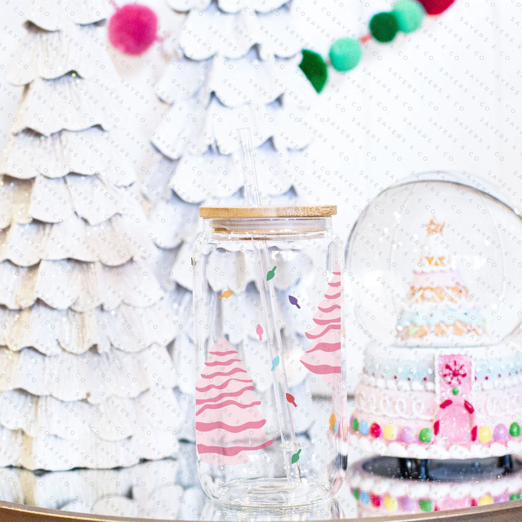 16oz Ceramic Christmas Trees Iced Coffee Glass Can, Holiday Tumbler, Christmas Tumbler, Gift For Her, Christmas Mug with Bamboo Lid & Straw #100068 | Sayers & Co.