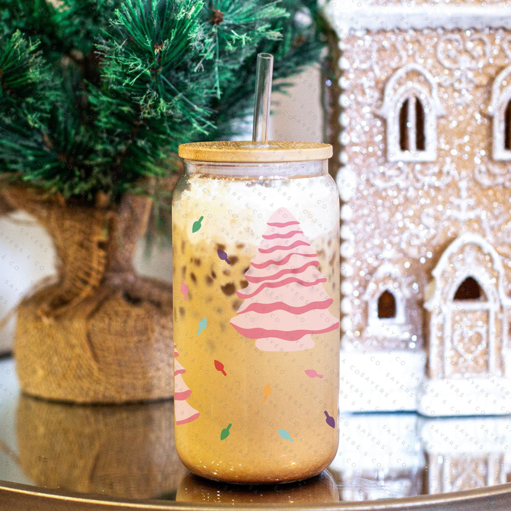 16oz Ceramic Christmas Trees Iced Coffee Glass Can, Holiday Tumbler, Christmas Tumbler, Gift For Her, Christmas Mug with Bamboo Lid & Straw #100068 | Sayers & Co.