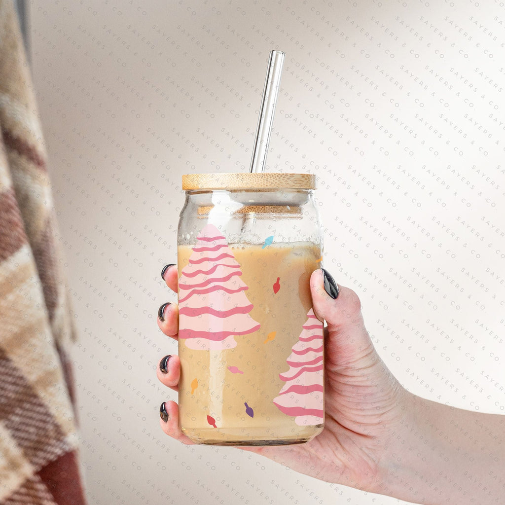 16oz Ceramic Christmas Trees Iced Coffee Glass Can, Holiday Tumbler, Christmas Tumbler, Gift For Her, Christmas Mug with Bamboo Lid & Straw #100068 | Sayers & Co.