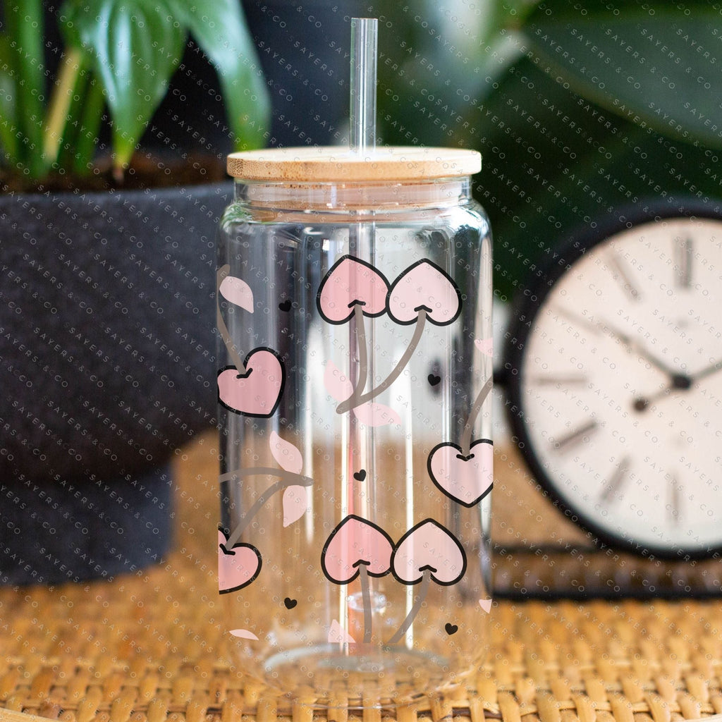 Copy of 16oz Valentine's Day Candy Hearts Glass Cup with Bamboo Lid & Straw #100090 | Sayers & Co.