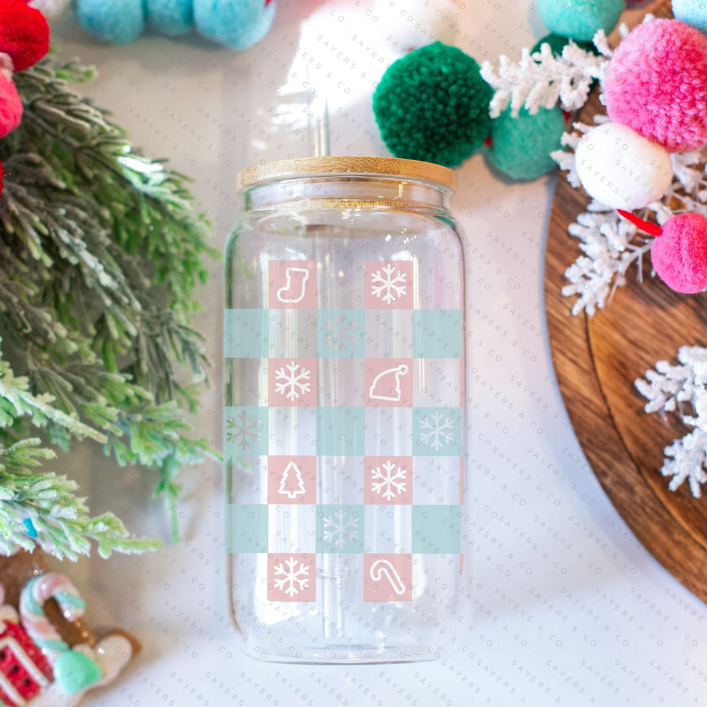 16oz Christmas Checkers Iced Coffee Glass Can, Holiday Tumbler, Christmas Tumbler, Gift For Her, Christmas Mug with Bamboo Lid & Straw #100069 | Sayers & Co.