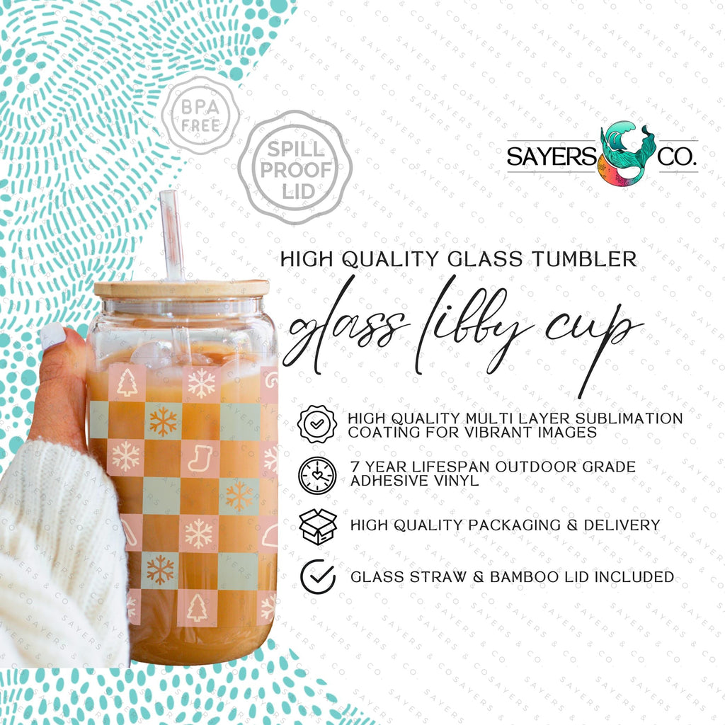 16oz Christmas Checkers Iced Coffee Glass Can, Holiday Tumbler, Christmas Tumbler, Gift For Her, Christmas Mug with Bamboo Lid & Straw #100069 | Sayers & Co.