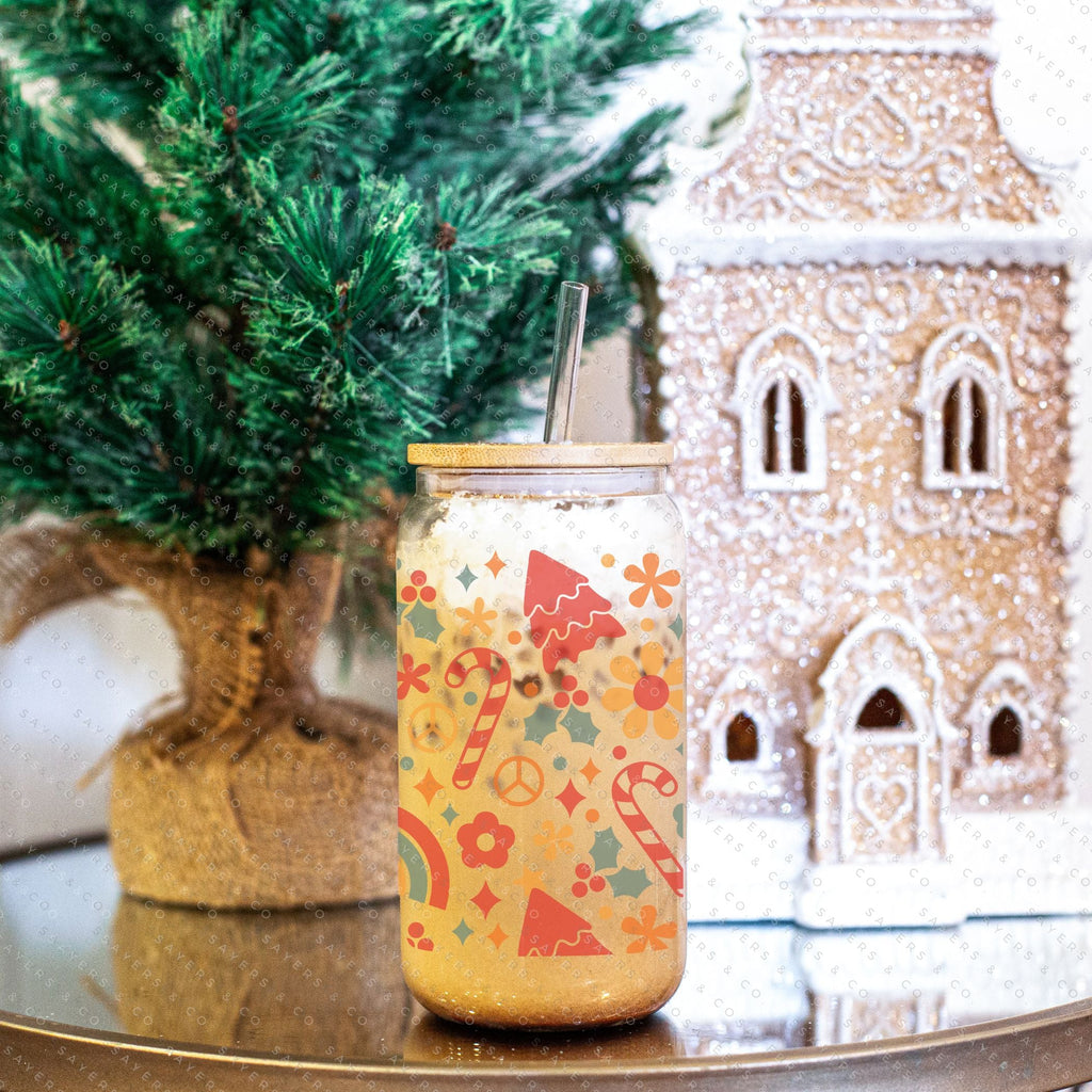 Copy of 16oz Christmas Checkers Iced Coffee Glass Can, Holiday Tumbler, Christmas Tumbler, Gift For Her, Christmas Mug with Bamboo Lid & Straw #100069 | Sayers & Co.