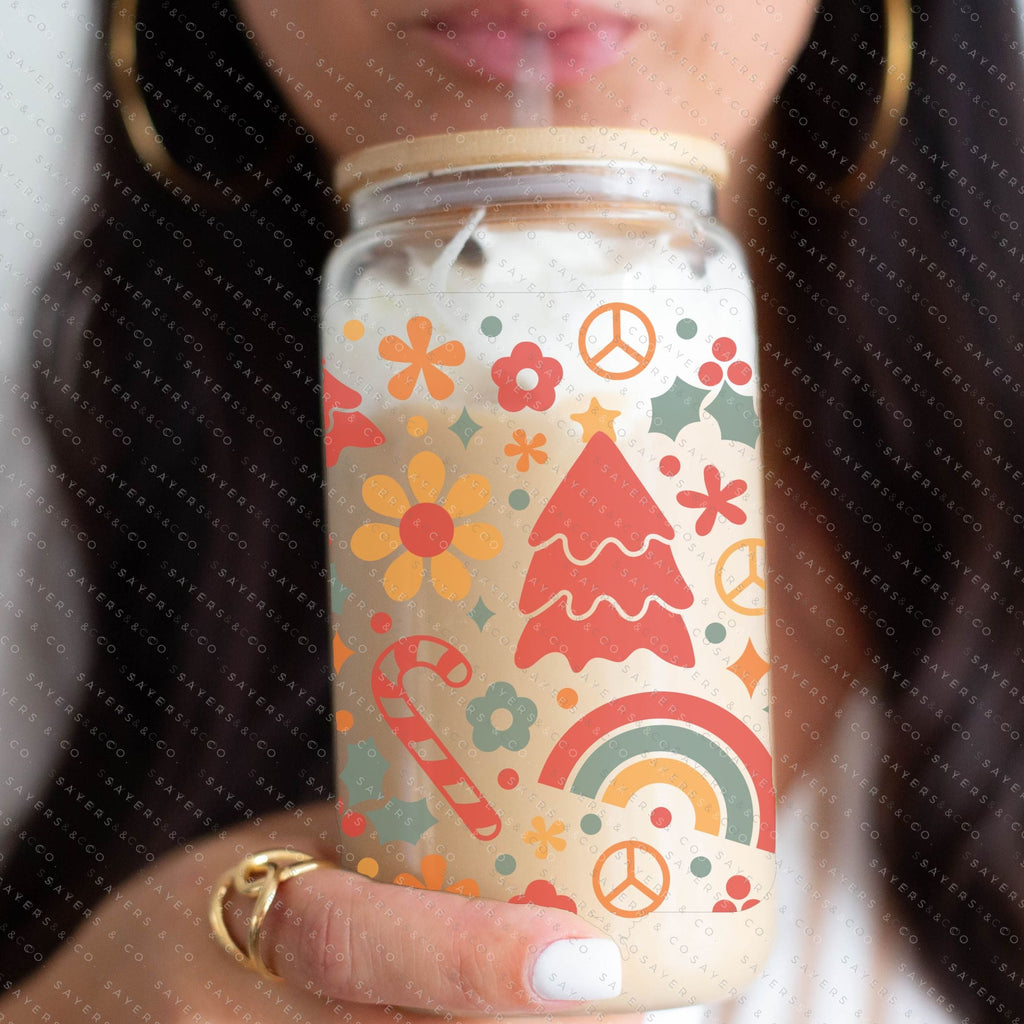 Copy of 16oz Christmas Checkers Iced Coffee Glass Can, Holiday Tumbler, Christmas Tumbler, Gift For Her, Christmas Mug with Bamboo Lid & Straw #100069 | Sayers & Co.