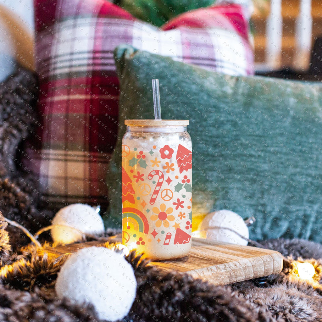 Copy of 16oz Christmas Checkers Iced Coffee Glass Can, Holiday Tumbler, Christmas Tumbler, Gift For Her, Christmas Mug with Bamboo Lid & Straw #100069 | Sayers & Co.