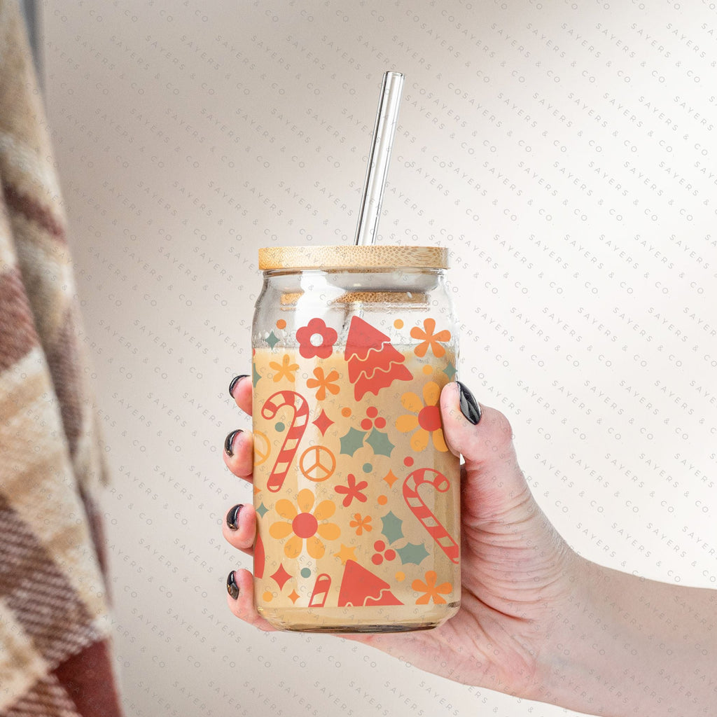Copy of 16oz Christmas Checkers Iced Coffee Glass Can, Holiday Tumbler, Christmas Tumbler, Gift For Her, Christmas Mug with Bamboo Lid & Straw #100069 | Sayers & Co.