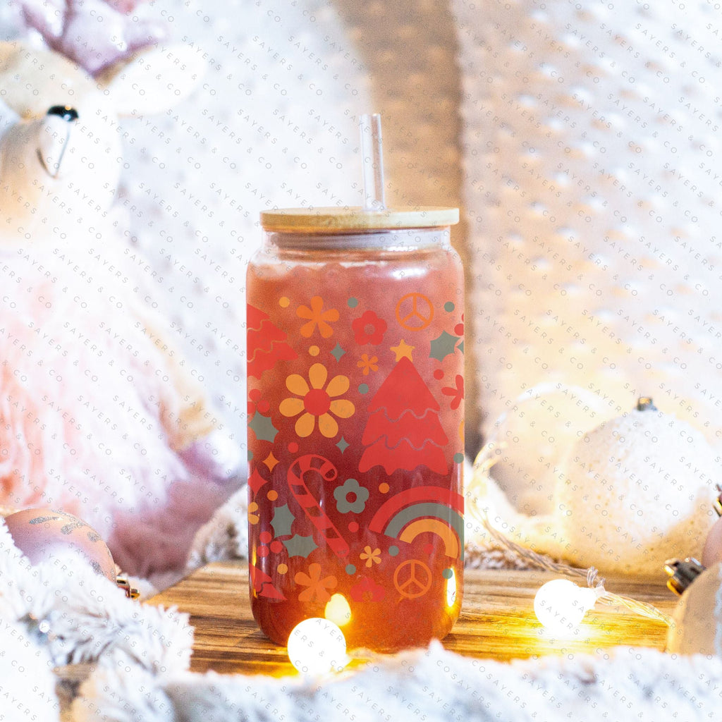 Copy of 16oz Christmas Checkers Iced Coffee Glass Can, Holiday Tumbler, Christmas Tumbler, Gift For Her, Christmas Mug with Bamboo Lid & Straw #100069 | Sayers & Co.