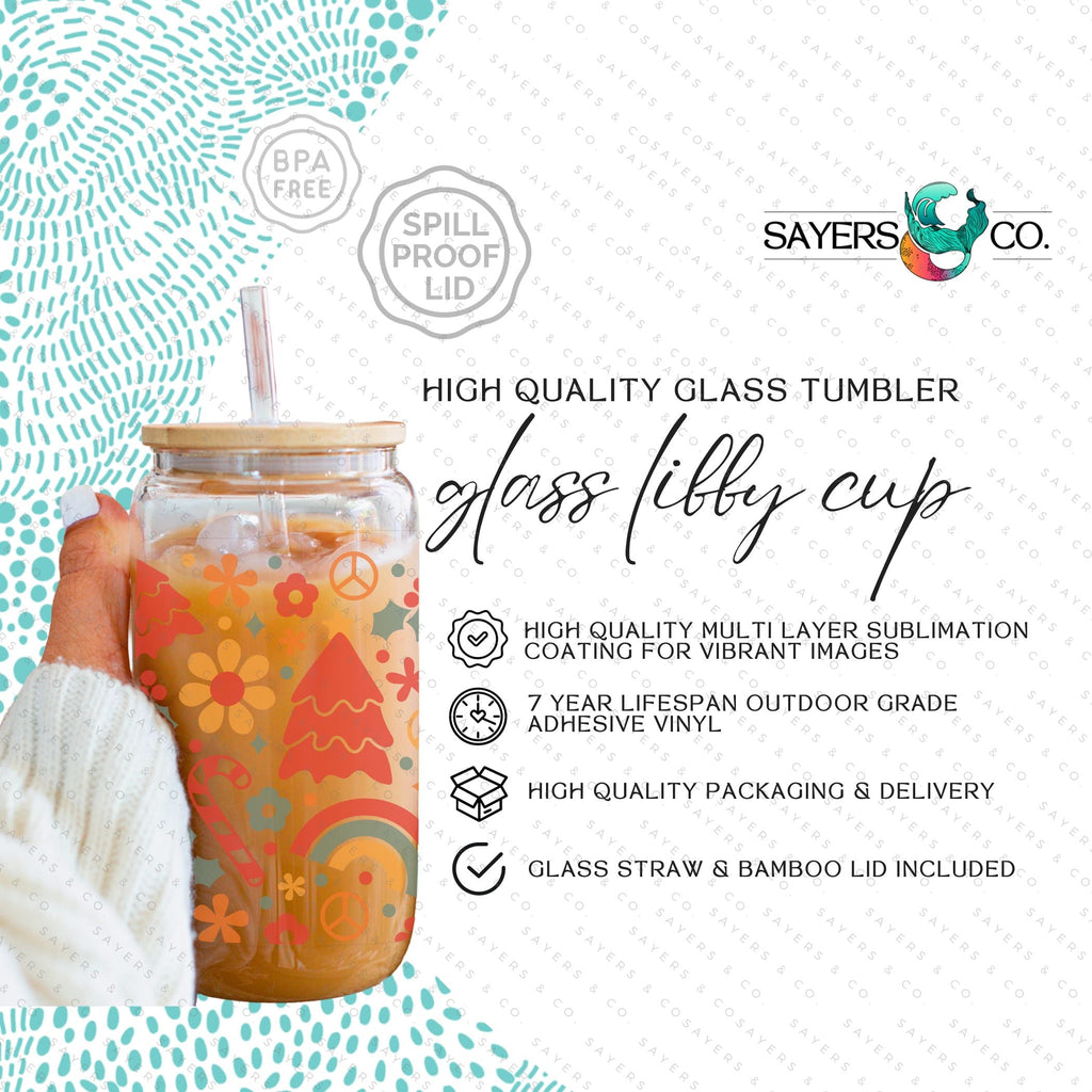 Copy of 16oz Christmas Checkers Iced Coffee Glass Can, Holiday Tumbler, Christmas Tumbler, Gift For Her, Christmas Mug with Bamboo Lid & Straw #100069 | Sayers & Co.