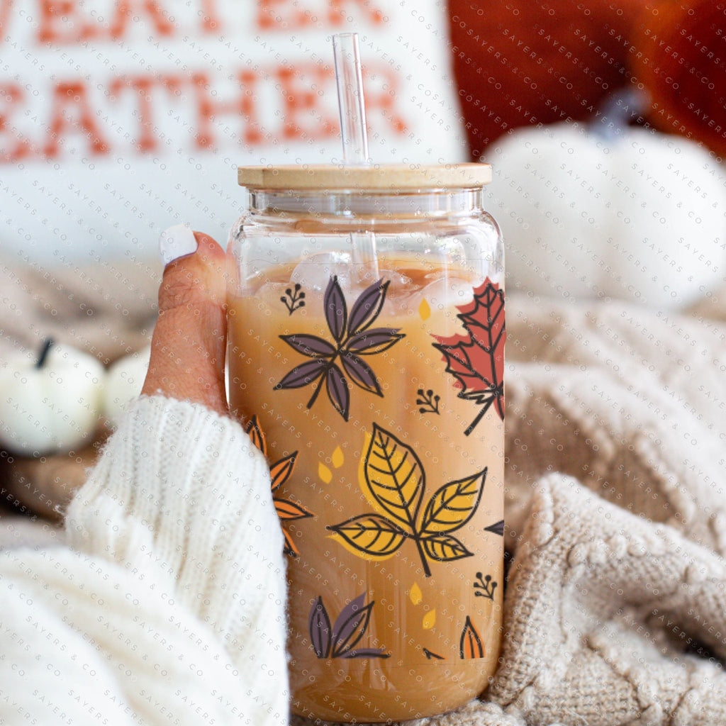 Copy of 16oz Micro Mushrooms Iced Coffee Glass Can, Fall Tumbler, Thanksgiving Tumbler, Gift For Her, Fall Mug with Bamboo Lid & Straw #100057 | Sayers & Co.