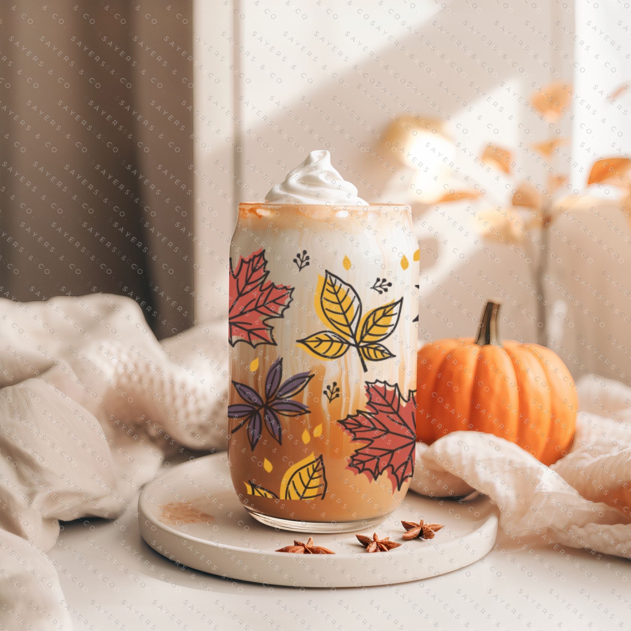 16oz Fall Leaves Iced Coffee Glass Can, Fall Tumbler, Thanksgiving Tumbler,  Gift For Her, Fall Mug with Bamboo Lid & Straw #100045 Sayers & Co.