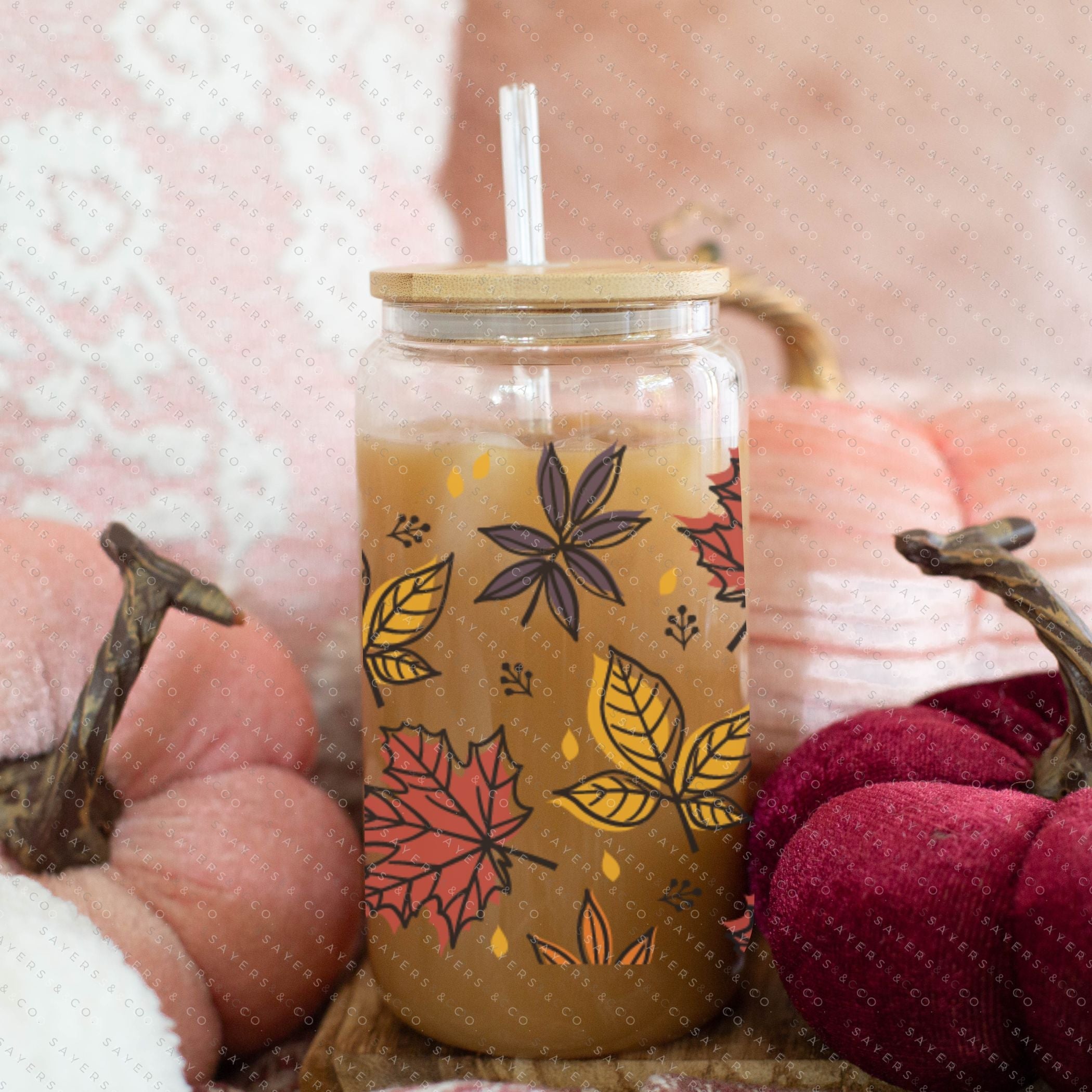 16oz Fall Leaves Iced Coffee Glass Can, Fall Tumbler, Thanksgiving Tumbler,  Gift For Her, Fall Mug with Bamboo Lid & Straw #100045 Sayers & Co.