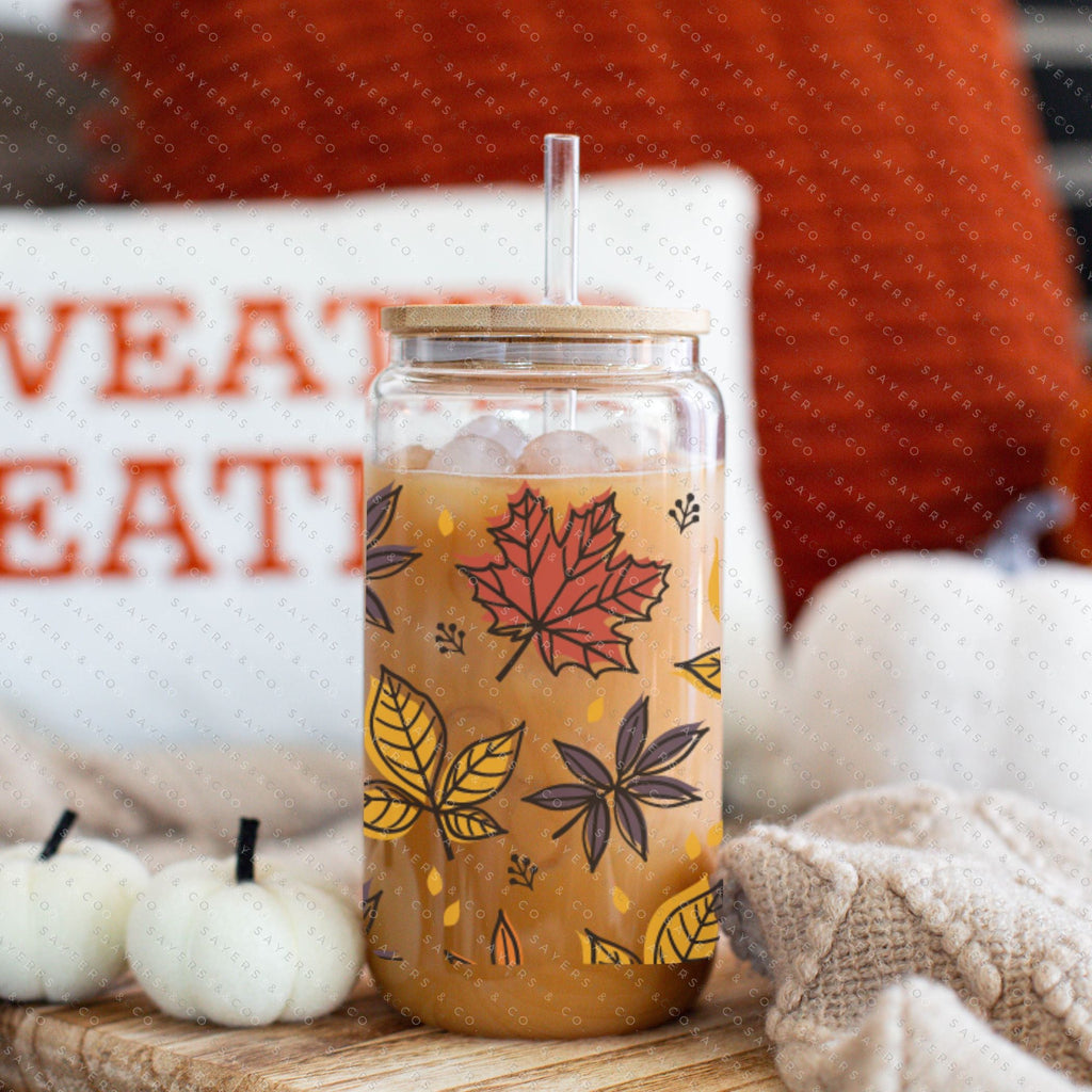 Copy of 16oz Micro Mushrooms Iced Coffee Glass Can, Fall Tumbler, Thanksgiving Tumbler, Gift For Her, Fall Mug with Bamboo Lid & Straw #100057 | Sayers & Co.