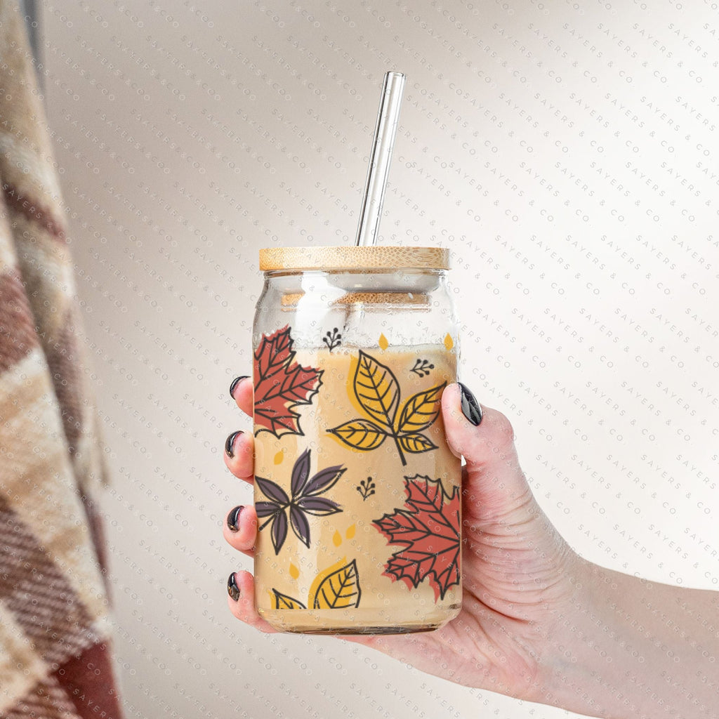 Copy of 16oz Micro Mushrooms Iced Coffee Glass Can, Fall Tumbler, Thanksgiving Tumbler, Gift For Her, Fall Mug with Bamboo Lid & Straw #100057 | Sayers & Co.