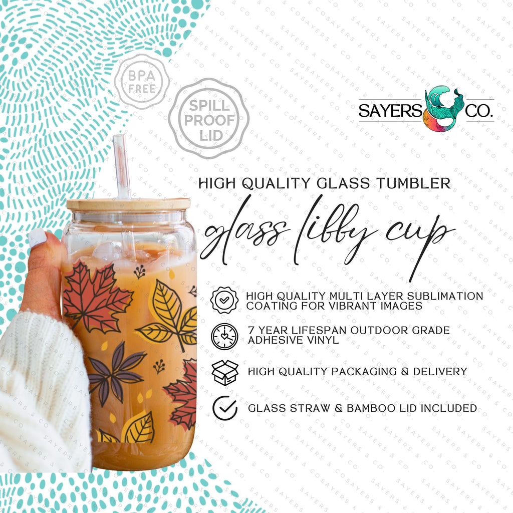 Copy of 16oz Micro Mushrooms Iced Coffee Glass Can, Fall Tumbler, Thanksgiving Tumbler, Gift For Her, Fall Mug with Bamboo Lid & Straw #100057 | Sayers & Co.