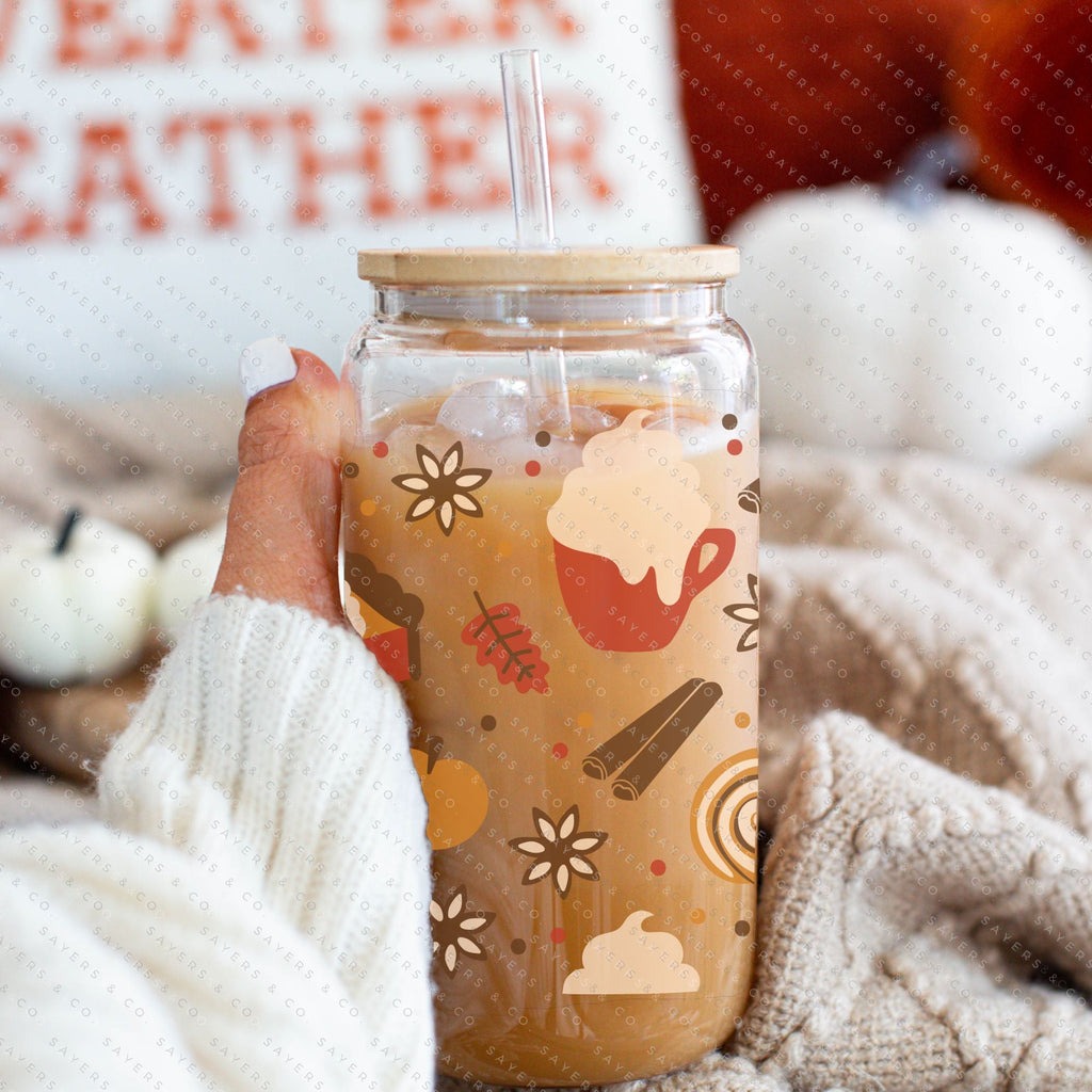 Copy of 16oz Micro Mushrooms Iced Coffee Glass Can, Fall Tumbler, Thanksgiving Tumbler, Gift For Her, Fall Mug with Bamboo Lid & Straw #100057 | Sayers & Co.