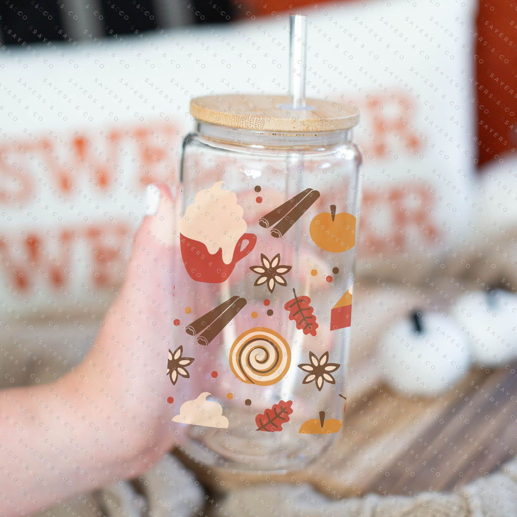 Copy of 16oz Micro Mushrooms Iced Coffee Glass Can, Fall Tumbler, Thanksgiving Tumbler, Gift For Her, Fall Mug with Bamboo Lid & Straw #100057 | Sayers & Co.
