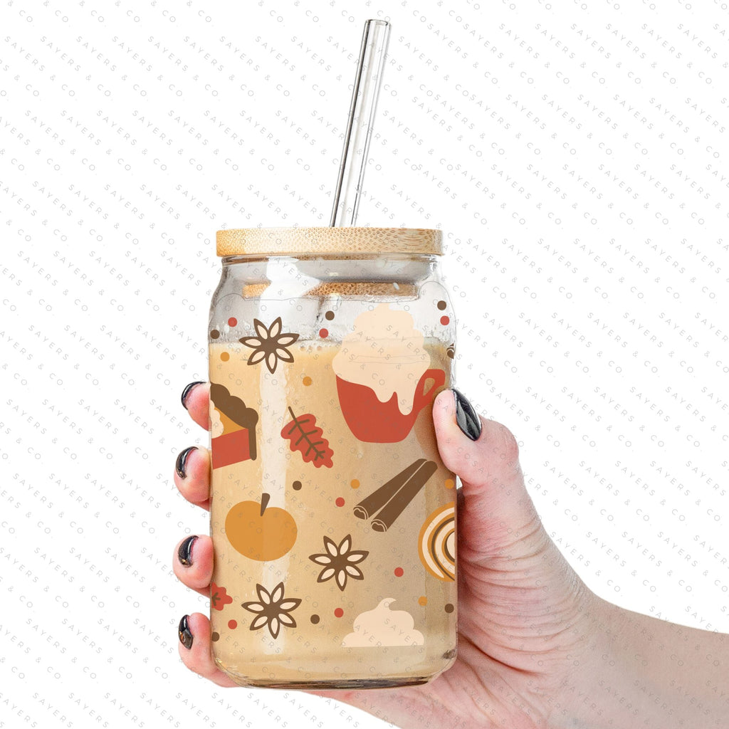 Copy of 16oz Micro Mushrooms Iced Coffee Glass Can, Fall Tumbler, Thanksgiving Tumbler, Gift For Her, Fall Mug with Bamboo Lid & Straw #100057 | Sayers & Co.