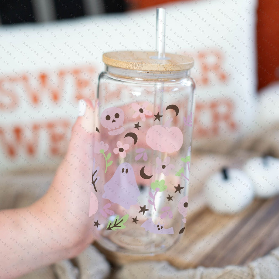 Cute Glass Mug With Bamboo Lid and Plastic Straw 