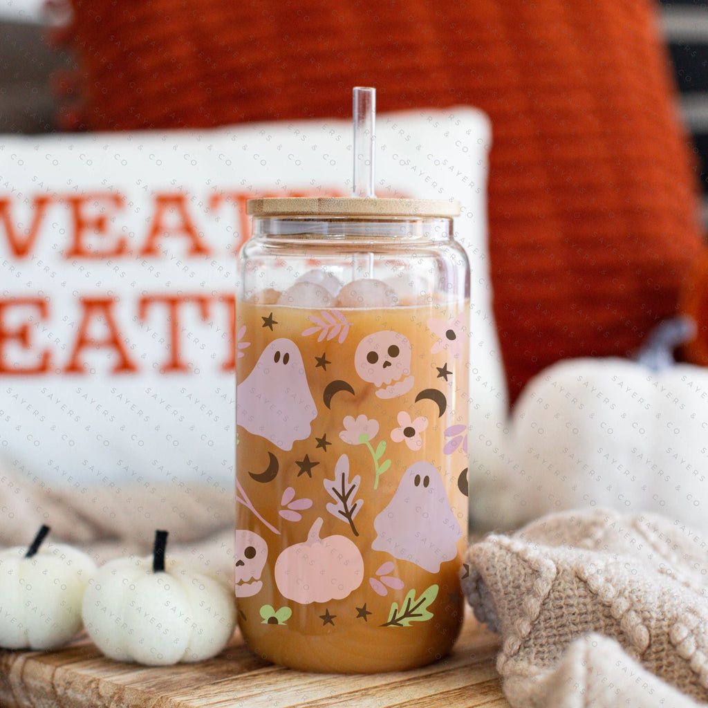 16oz Pretty Paranormal Iced Coffee Glass Can, Fall Tumbler, Gift For Her, Halloween Mug with Bamboo Lid & Straw #100060 | Sayers & Co.