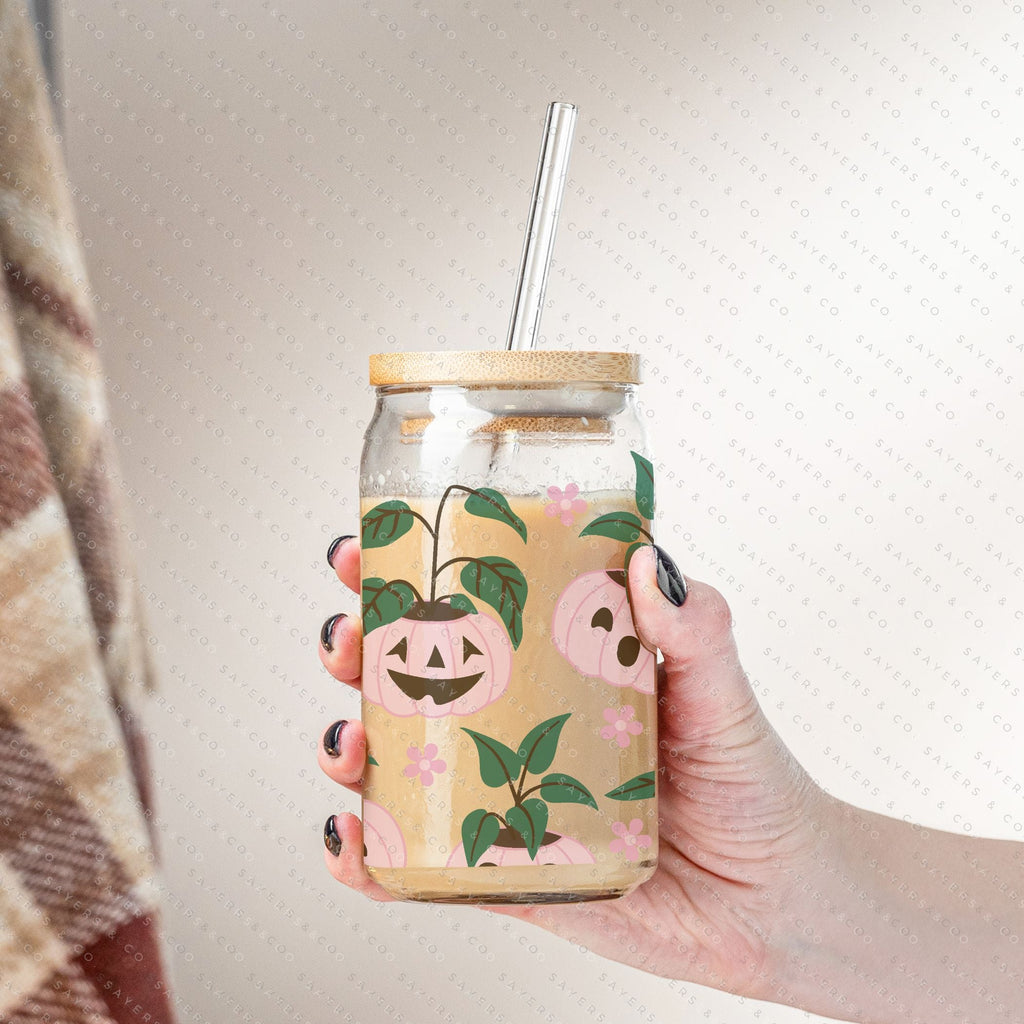 16oz Pumpkin Planters Iced Coffee Glass Can, Fall Tumbler, Halloween Tumbler, Gift For Her, Fall Mug with Bamboo Lid & Straw #100062 | Sayers & Co.